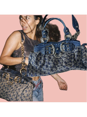 Vintage Y2K Guess Monogram Shoulder Bag Blue Croc Trim Buckle Logo